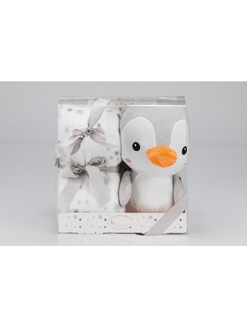 Bubble Blanket - 80 X 110 - Coral Flecce + Plush Toy Pinguin - Gray