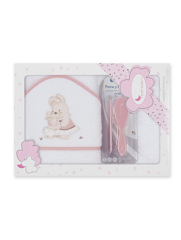 Bath Cape Little Bunny + Comb and Brush White Pink