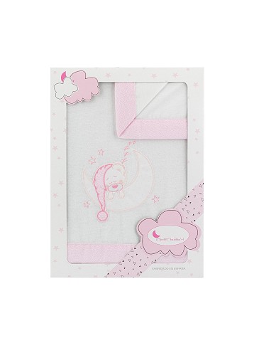 3 Pieces bedding set in Flannel for pram - Mod. Bear Sleeping White&Pink