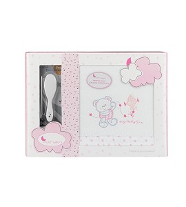Bedding Set in Coral Flecce For Cot+ Brush and Comb - Mod. Baby Love White&Pink
