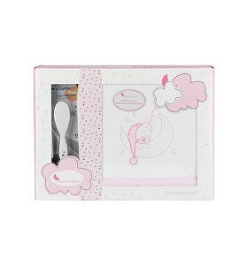 Bedding Set in Coral Flecce For Cot + Brush and Comb - Mod. Bear Sleeping White&Pink