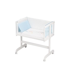 Co-Sleeping Crib In White Beech + Bedding + Garment + Mattress - Mod. Elephant- Blue