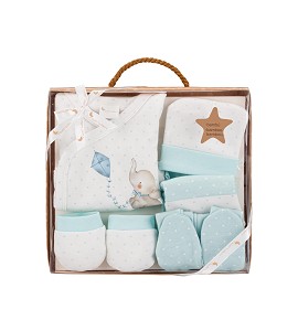 Set 5 Pcs(Shirt+Pants+Gloves+Bib+Socks)For New Born (0-6Months)-100%Cotton-Mod. Elephant - Blue