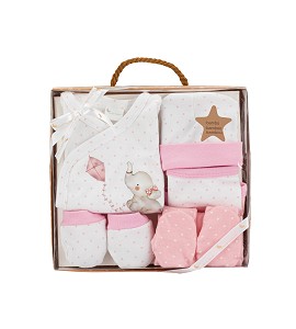 Set 5 Pcs(Shirt+Pants+Gloves+Bib+Socks)For New Born (0-6Months)-100%Cotton-Mod. Elephant - Pink