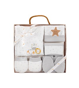 Set 5 Pcs(Shirt+Pants+Gloves+Bib+Socks)For New Born (0-6Months)-100%Cotton-Mod. Animals - Gray