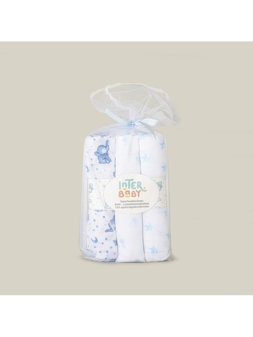 Pack de 3 Gasas de algodón Elefante Azul para bebés Interbaby