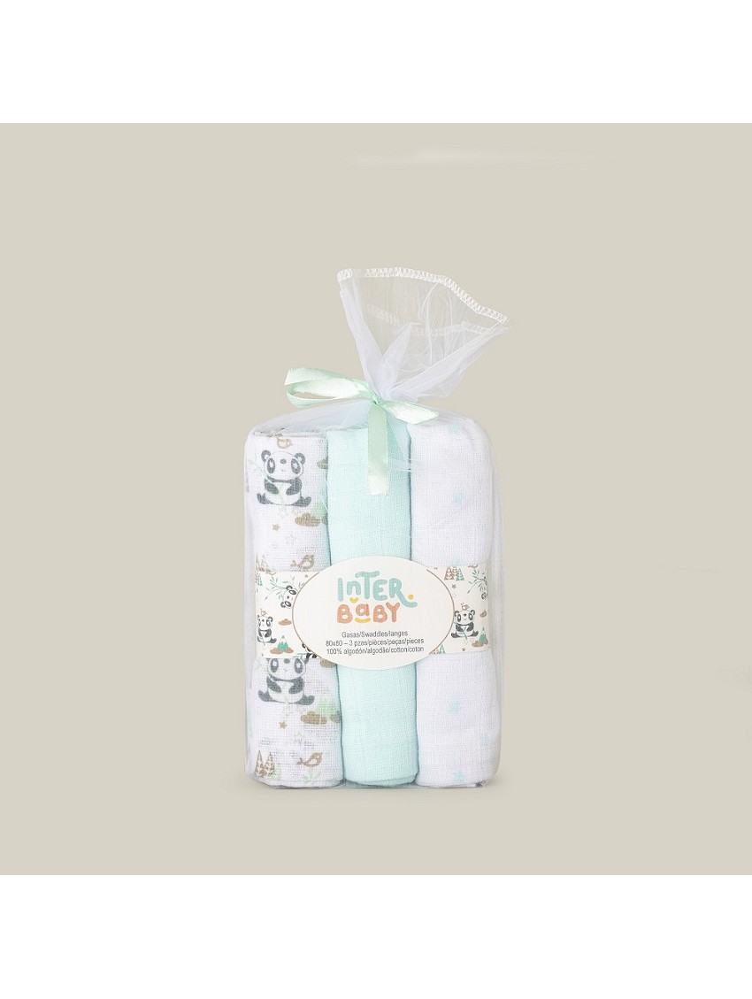 Pack de 3 Gasas de algodón Panda Verde para bebés Interbaby