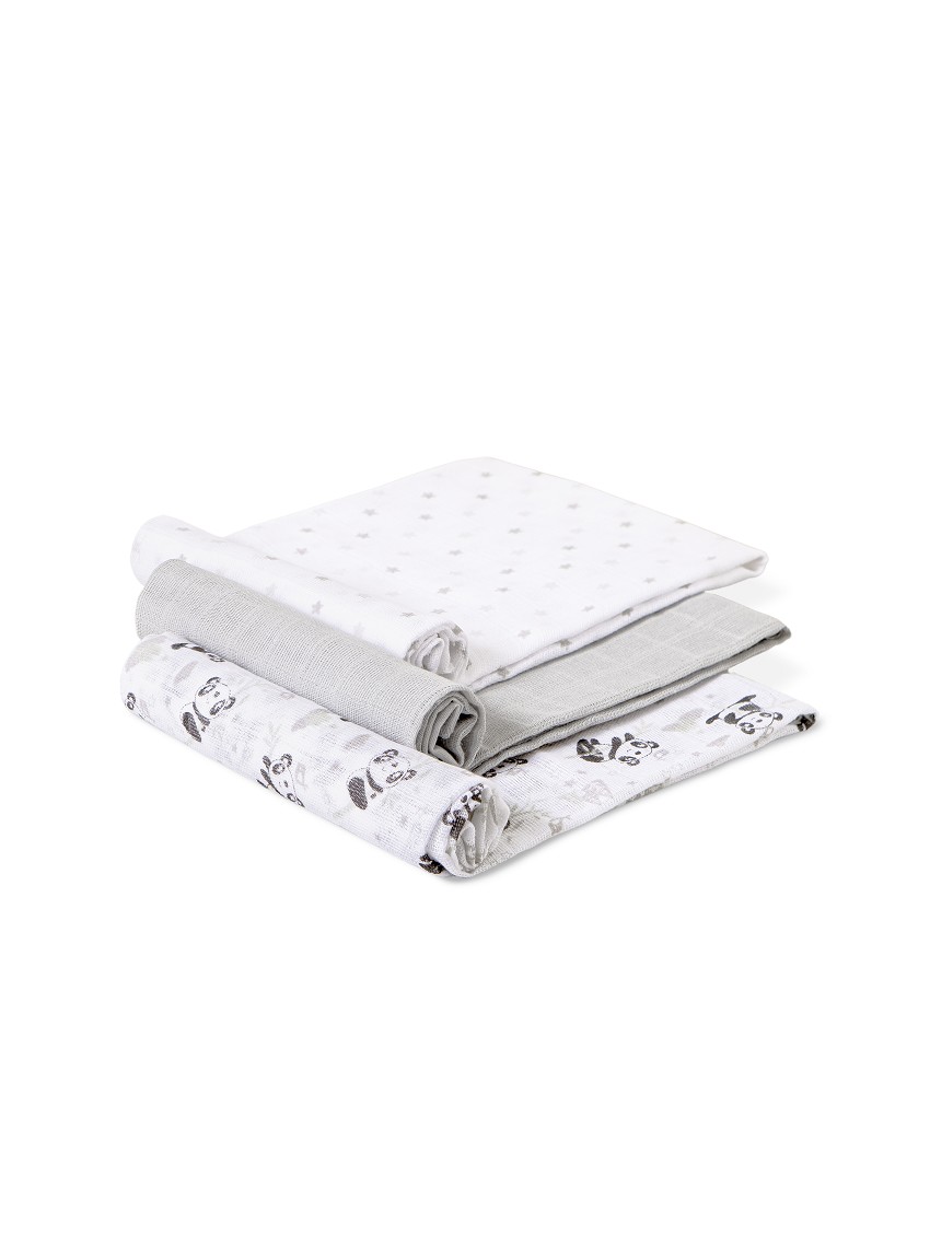 Pack de 3 Gasas de algodón Panda Gris para bebés Interbaby