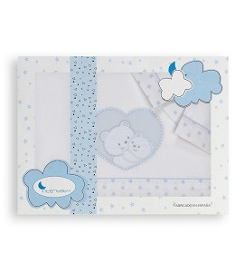 3 Pcs Bedding For Crib(Sheet106X82+Fitted S. 85X55X9+Case50X30)Cotton - Mod. Corazon O. - W/Blue