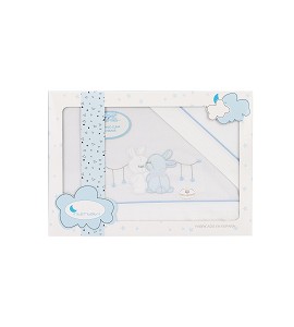 3 Pcs Bed. Crib(Sh106X82+Fitted S. 85X55X9+Case50X30)Cotton-Mod. Two Rabbits - W/Blue