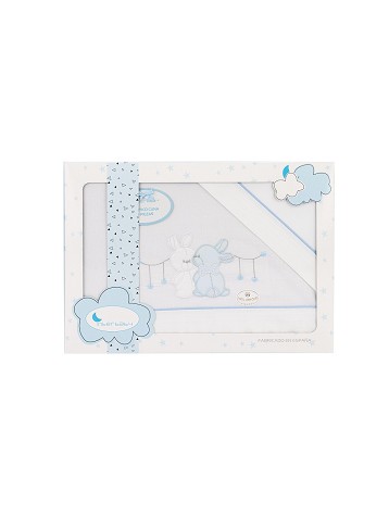 3 Pcs Bed. Crib(Sh106X82+Fitted S. 85X55X9+Case50X30)Cotton-Mod. Two Rabbits - W/Blue