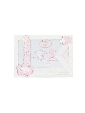 3 Pcs Bed. Crib(Sh106X82+Fitted S. 85X55X9+Case50X30)Cotton-Mod. My Baby Love - W/Pink