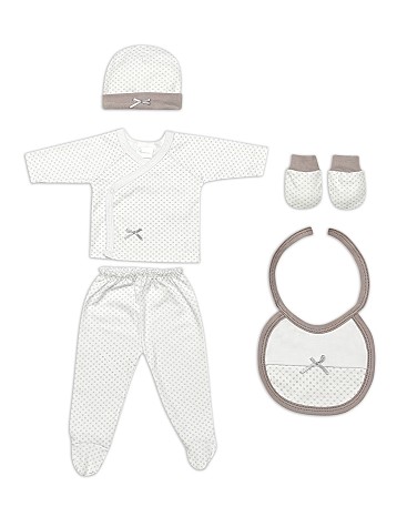 Set 5 Pieces (Shirt+Pants+Gloves+Bib+Socks) For New Born (0-6 Months) - 100% Cotton - Beige