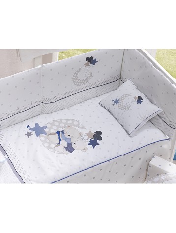 3 Pcs Set Cot Bed 60X120 (Quilt+Bumper+Pillow) - Jersey - Mod. Amorosos - Blue