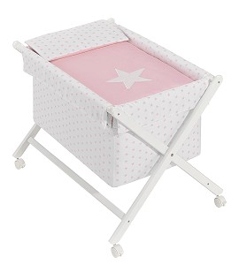 Crib In X In White Beech + Bedding + Garment + Mattress - Mod. Estrella - Pink