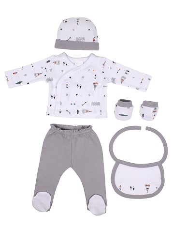 Set 5 Pcs(Shirt+Pants+Gloves+Bib+Socks)For New Born (0-6Months)-100%Cotton-Mod. Indio - Gray