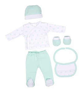 Set 5 Pcs (Shirt+Pants+Gloves+Bib+Socks) For New Born (0-6 Months)-100%Cotton-Mod. Estrellas -Green