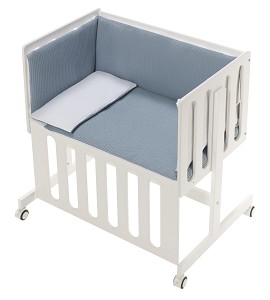 Co-Sleeping Crib Minana In White Beech + Bedding + Garment + Mattress - Mod. Astrid - Petrol