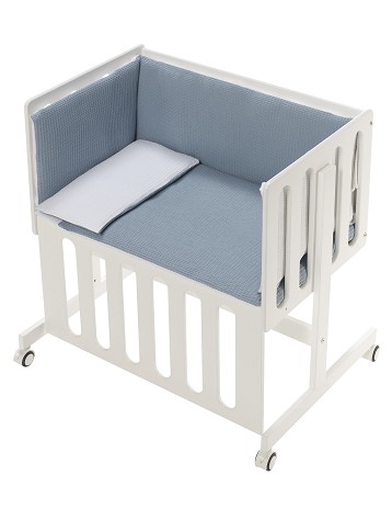 Co-Sleeping Crib Minana In White Beech + Bedding + Garment + Mattress - Mod. Astrid - Petrol