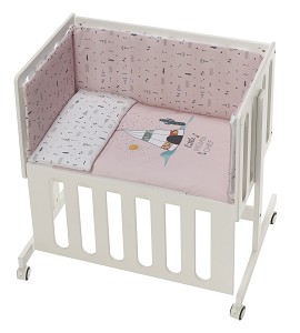 Co-Sleeping Crib Minana In White Beech + Bedding + Garment + Mattress - Mod. Dakota - Pink