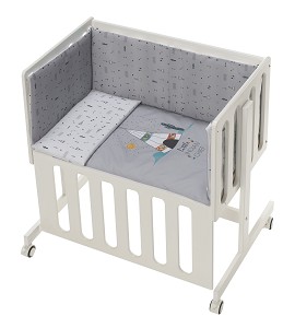 Co-Sleeping Crib Minana In White Beech + Bedding + Garment + Mattress - Mod. Dakota - Gray