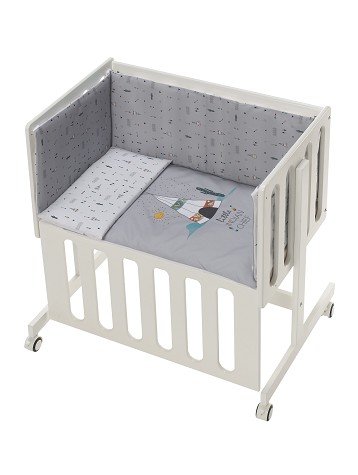Co-Sleeping Crib Minana In White Beech + Bedding + Garment + Mattress - Mod. Dakota - Gray