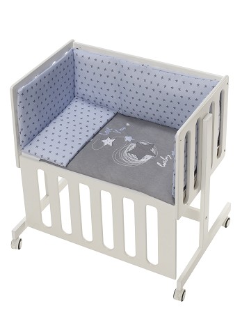 Co-Sleeping Crib Minana In White Beech + Bedding + Garment + Mattress - Mod. Love You - Blue
