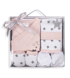 Set 5 Pieces (Shirt+Pants+Gloves+Bib+Socks) New Born (0-6 Months) - Cotton - Mod. Love You - Pink