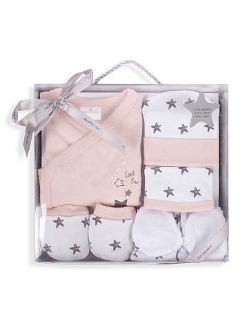 Set 5 Pieces (Shirt+Pants+Gloves+Bib+Socks) New Born (0-6 Months) - Cotton - Mod. Love You - Pink