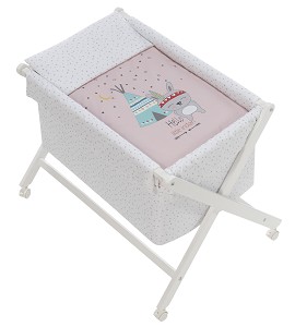 Crib In X In White Beech + Bedding + Garment + Mattress - Mod. Tipi Oso - Pink