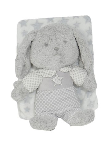 Bubble Blanket - 80 X 110 - Coral Flecce + Plush Toy Rabbit - Gray