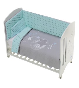 3 Pcs Set Cot Bed 60X120 (Duvet Cover+Bumper+Pillow) - Cotton Jersey - Mod. Love You - Green