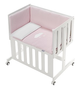 Co-Sleeping Crib Minana In White Beech + Bedding + Garment + Mattress - Mod. Viggo - Pink
