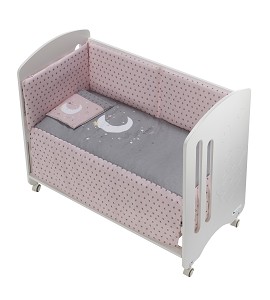 Cot Lovely Premium + Set Cot Bed 60X120 (Quilt+Bumper+Pillow) - Cotton - Mod. Luna Universo - Pink