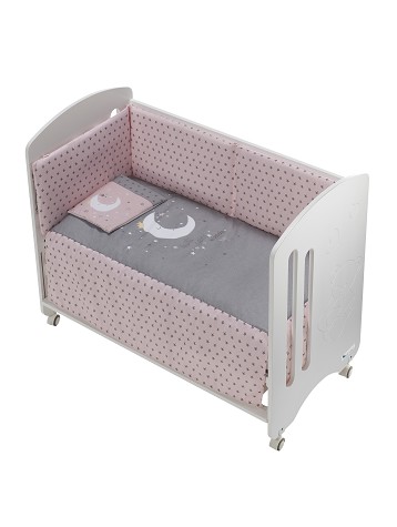 Cot Lovely Premium + Set Cot Bed 60X120 (Quilt+Bumper+Pillow) - Cotton - Mod. Luna Universo - Pink