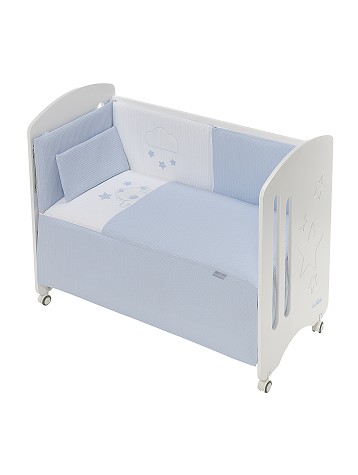 3 Pcs Set Cot Bed 60X120 (Quilt+Bumper+Pillow) - Cotton Waffel - Mod. Viggo - Blue